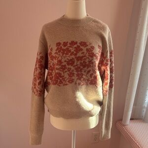 Elegant Floral Knit Sweater - Beige and Red